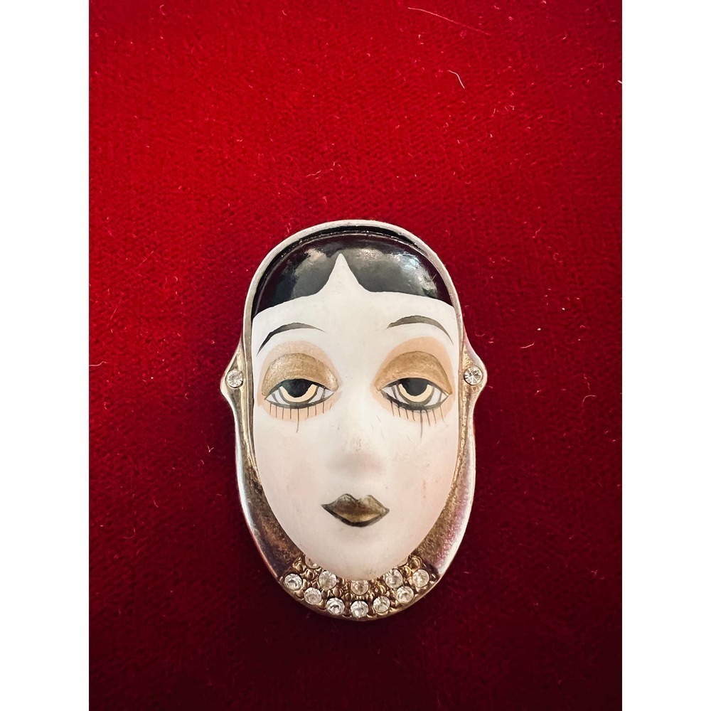 Hand Painted Porcelain Art Deco Woman's Face Brooch Pin 3D